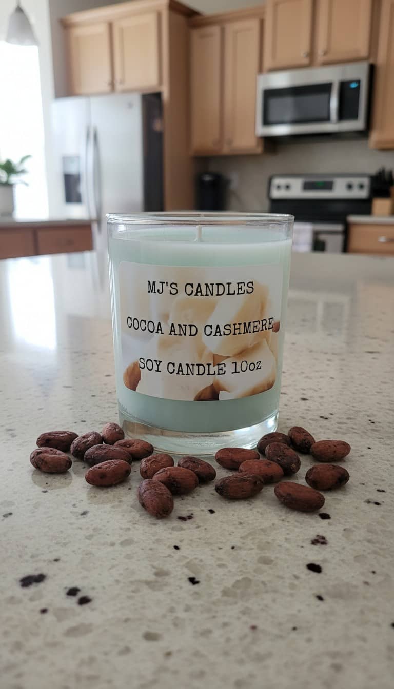 MJ'S CANDLES LLC luxury natural scented candle 10oz Cocoa and Cashmere soy candle on kitchen countertop with cocoa beans