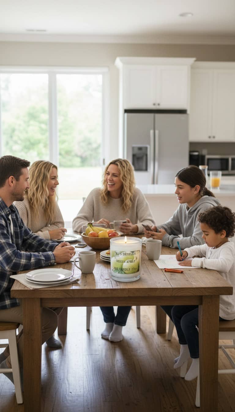 Family gathered around kitchen table with MJ'S CANDLES LLC soy candle wax jar in foreground