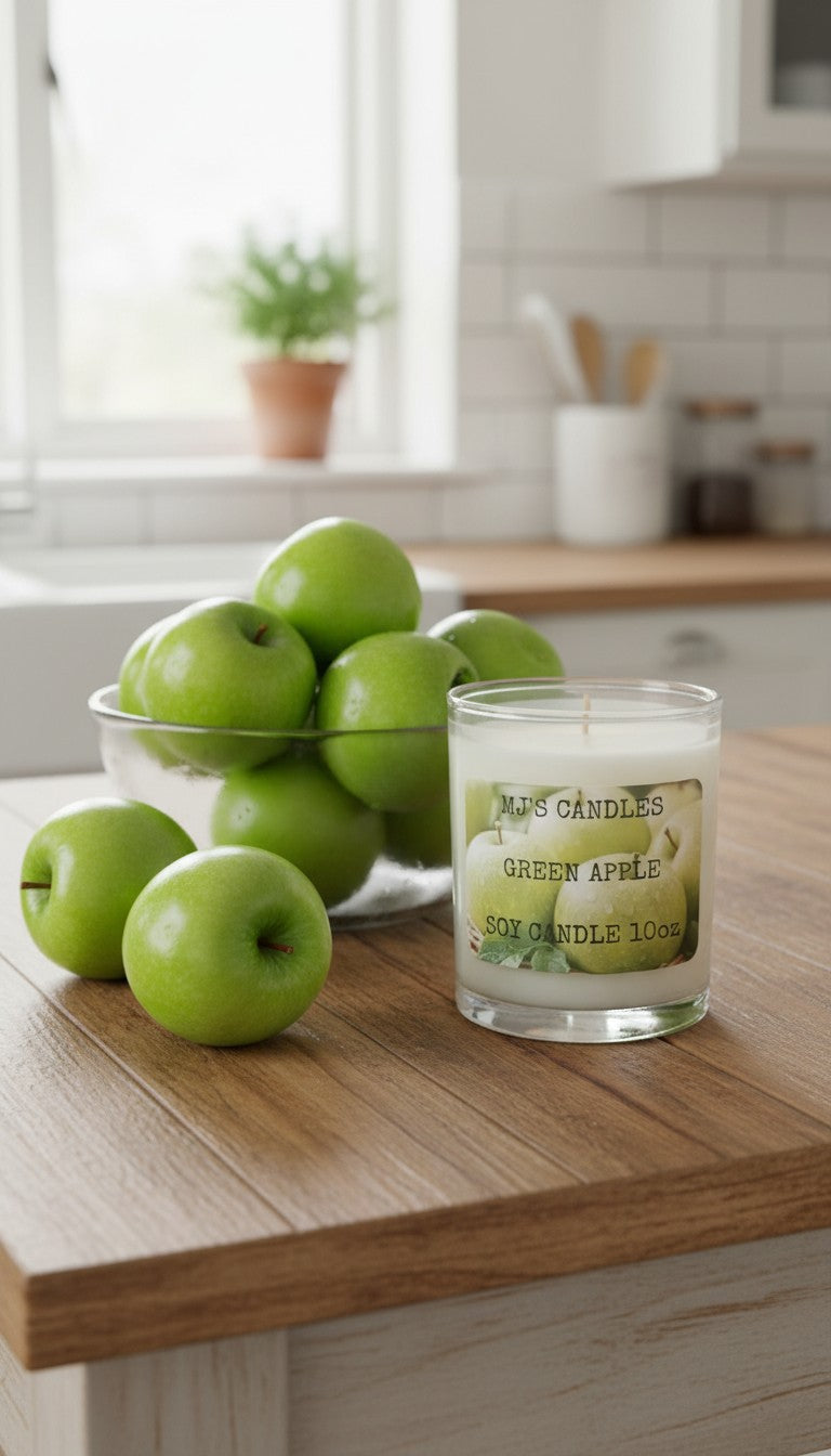 MJ'S CANDLES LLC green apple soy candle wax in glass jar next to fresh green apples on kitchen counter
