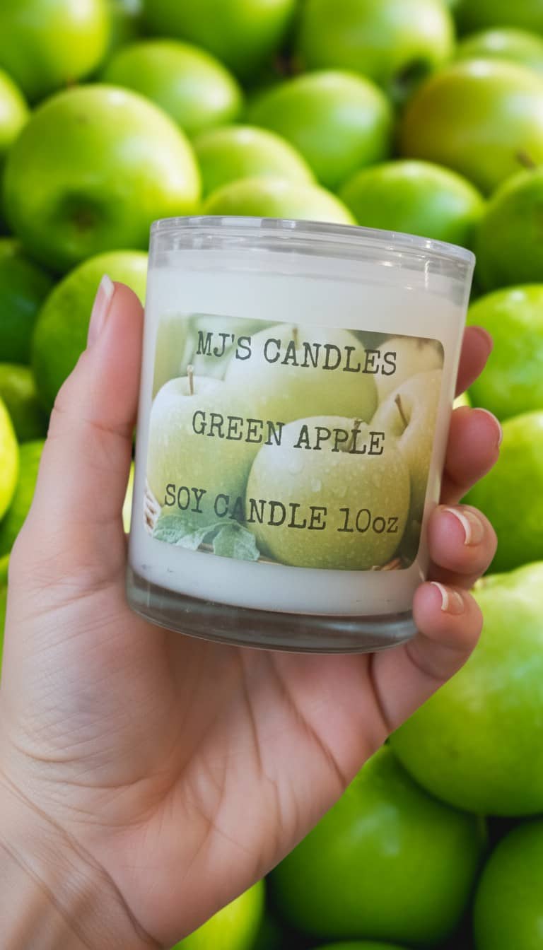 MJ'S CANDLES Green Apple soy candle wax 10oz in clear glass jar held in hand
