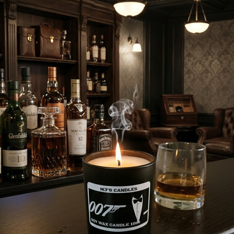 007 tuxedo label luxury soy candle burning on bar counter with whiskey glass and bottles in background