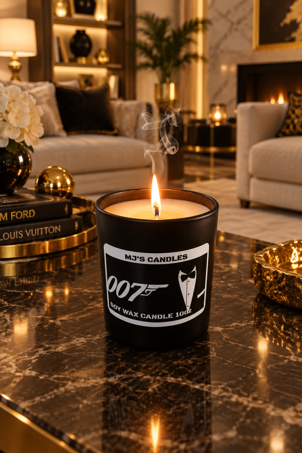 MJ's Candles luxury soy candle 10oz black 007 scent burning on table next to glass of whiskey