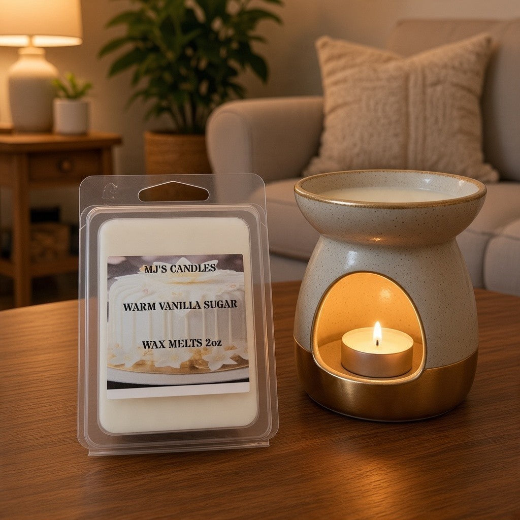 MJ'S CANDLES warm vanilla sugar wax melts 2oz next to lit beige ceramic wax warmer showcasing best vanilla scent