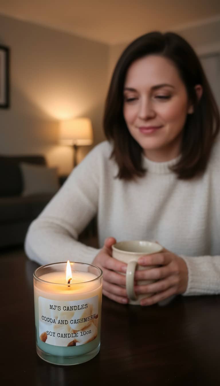 MJ'S CANDLES LLC luxury natural scented candle 10oz lit on table with woman holding mug