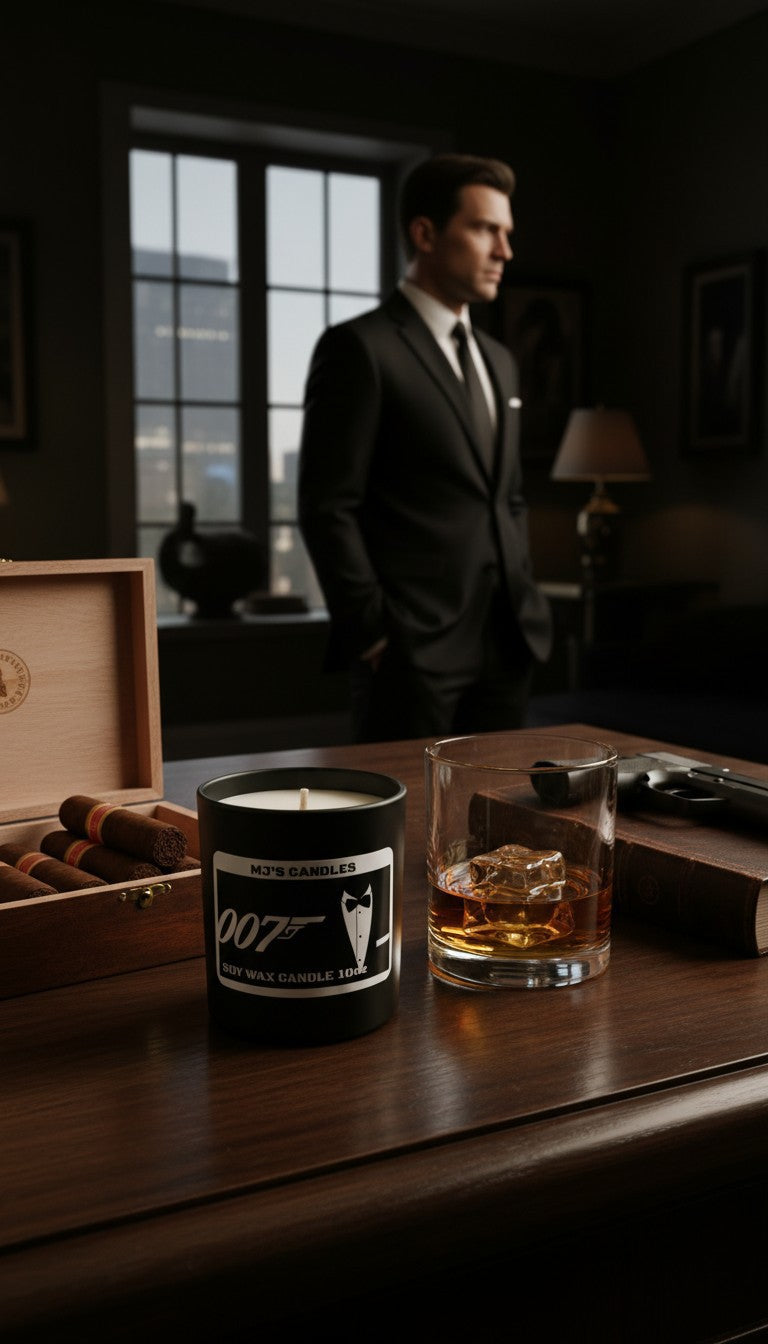 007 luxury soy candle in black jar with tuxedo label next to glass of whiskey and cigar box on wooden table
