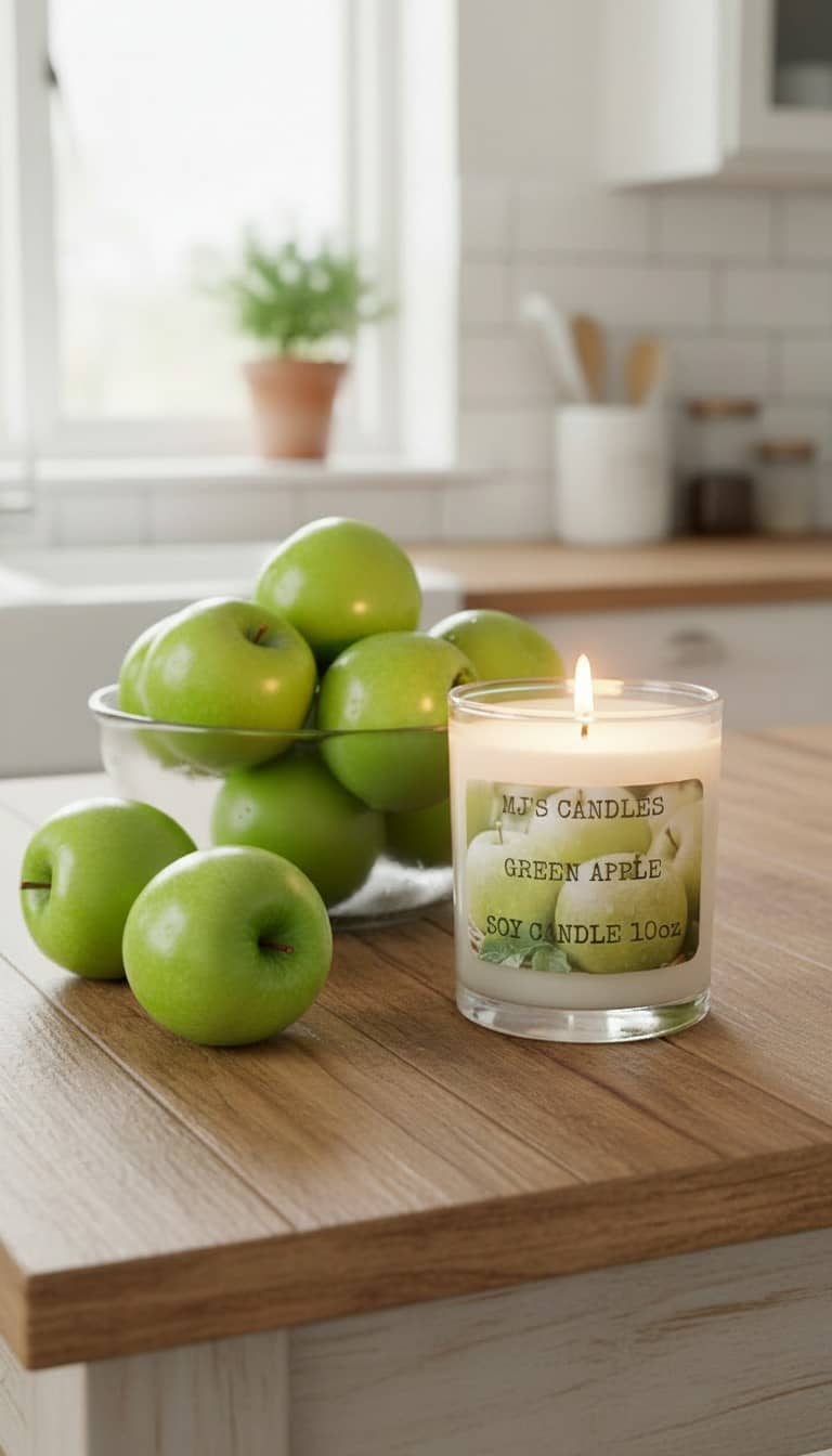MJ'S CANDLES LLC green apple scented soy candle wax burning next to fresh green apples on kitchen counter