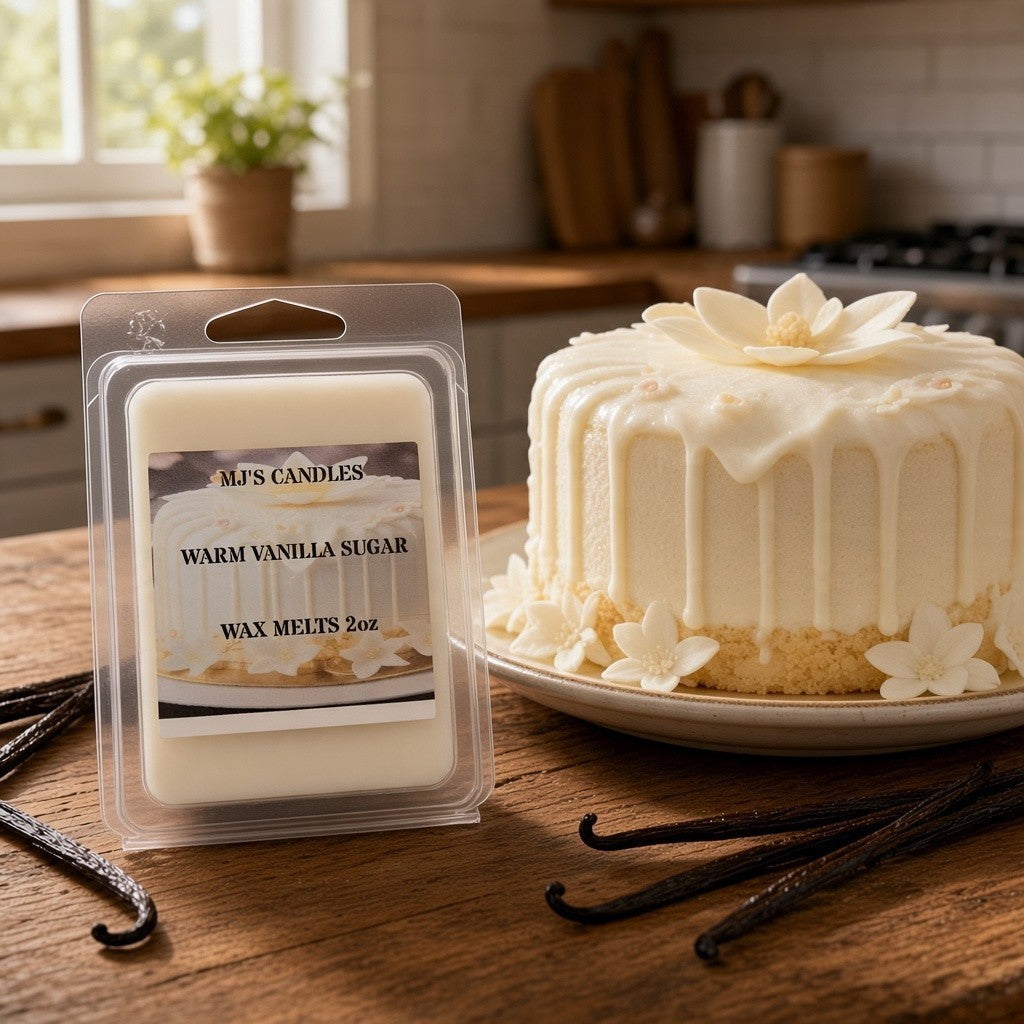 MJ'S CANDLES WARM VANILLA SUGAR wax melts 2oz package with best vanilla scent on wooden table near vanilla cake