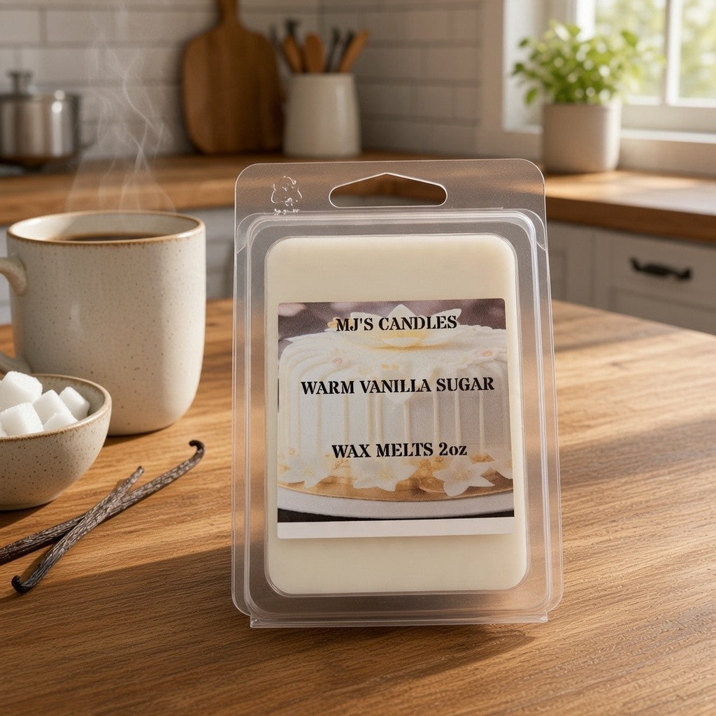 MJ's Candles warm vanilla sugar wax melts 2oz pack with best vanilla scent on wooden kitchen table