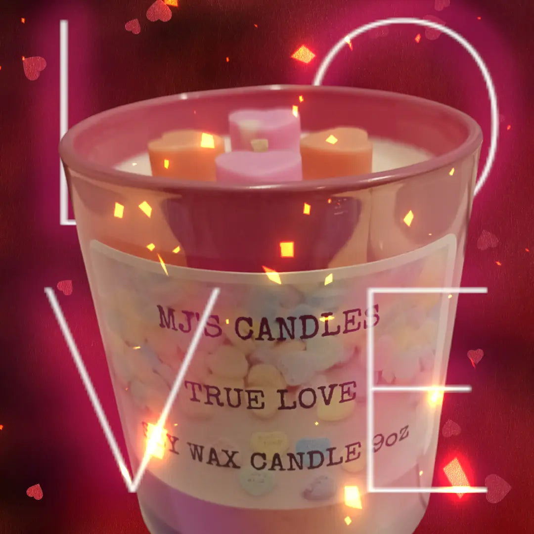 MJ'S CANDLES LLC romantic scented soy candle for gifts with heart-shaped wax pieces and love-themed design