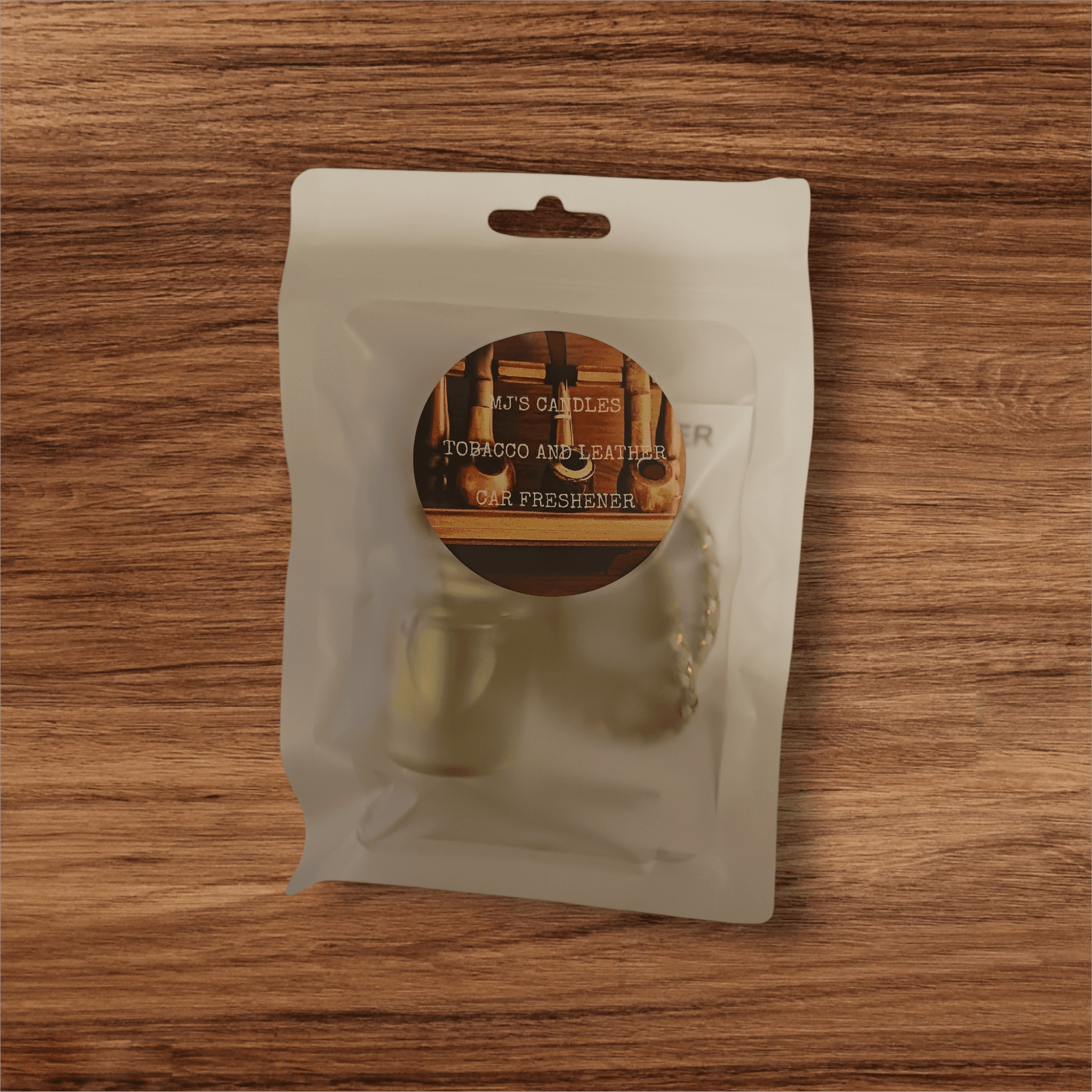 MJ'S CANDLES LLC tobacco and leather scent unique car air freshener for men in sealed packaging