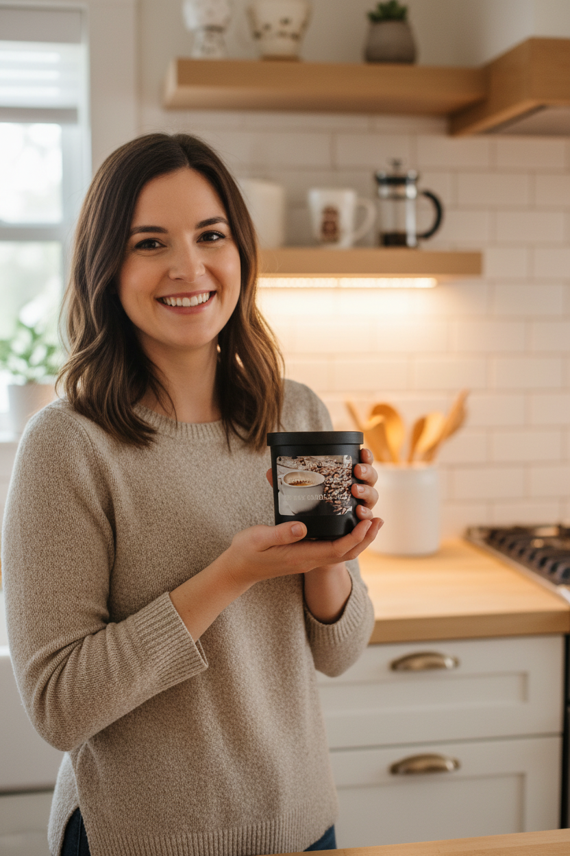 Smiling woman holding MJ'S CANDLES LLC coffee scented soy candle in modern kitchen setting