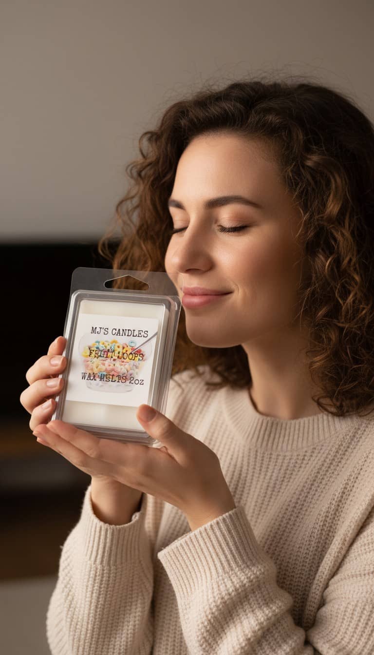 Woman holding handcrafted breakfast scent wax by MJ'S CANDLES LLC with eyes closed enjoying aroma